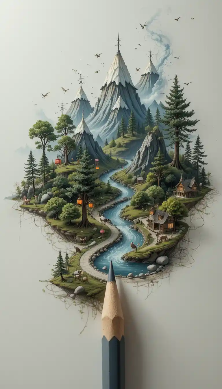 Vintage-Bleistiftzeichnung einer winzigen magischen lebendigen Landschaft