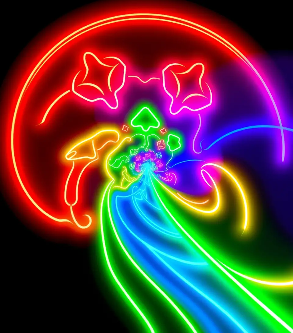 Vibrant fractal rainbow shapes radiating from a central point