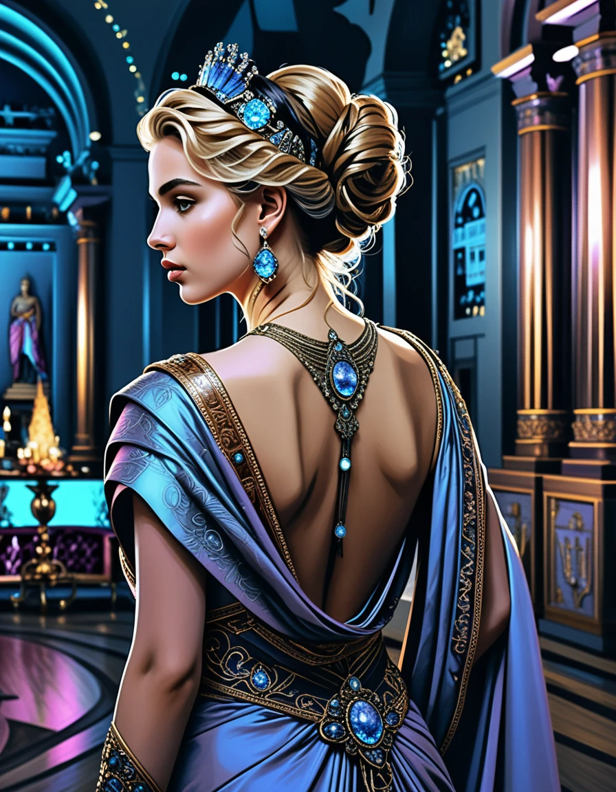 Römische Prinzessin im goldenen Toga-Kleid beim Bankett in der Dämmerung