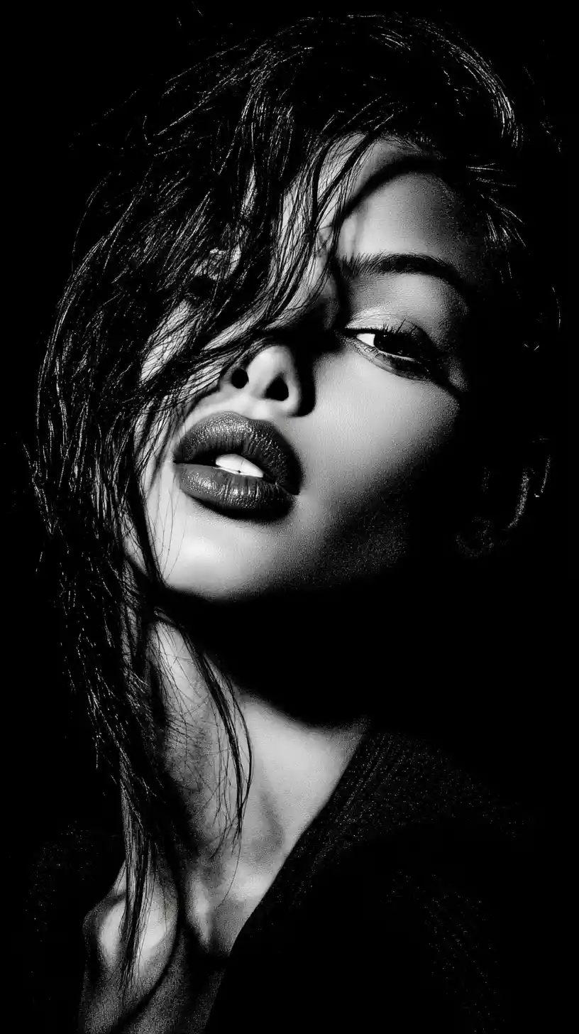 Dramatic black and white portrait of a mysterious woman