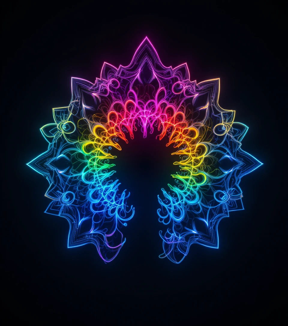Fractal rainbow design radiating endlessly from a central point
