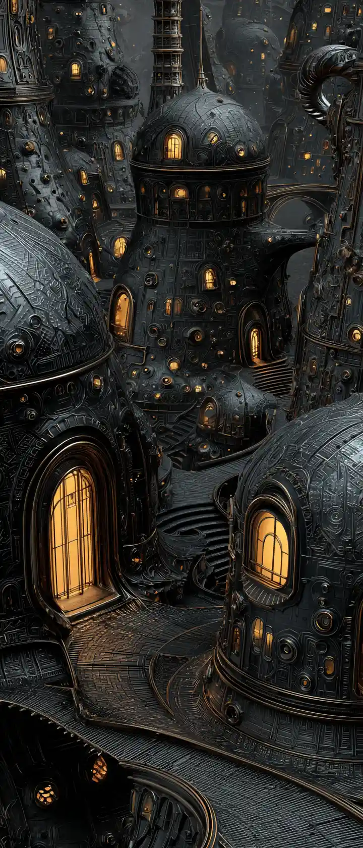 Fantasy steampunk village of biomorphic iron towers and bridges