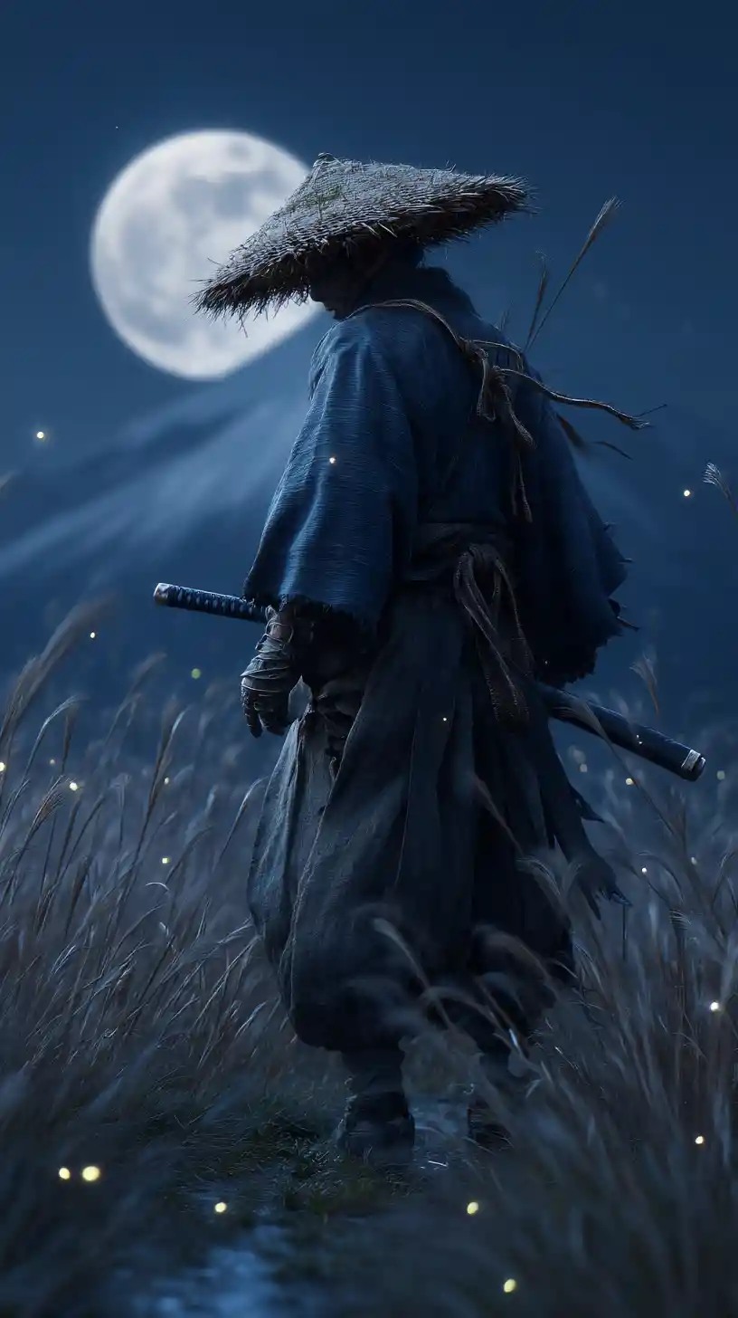 Lone ronin in moonlit grass before distant mountain peak