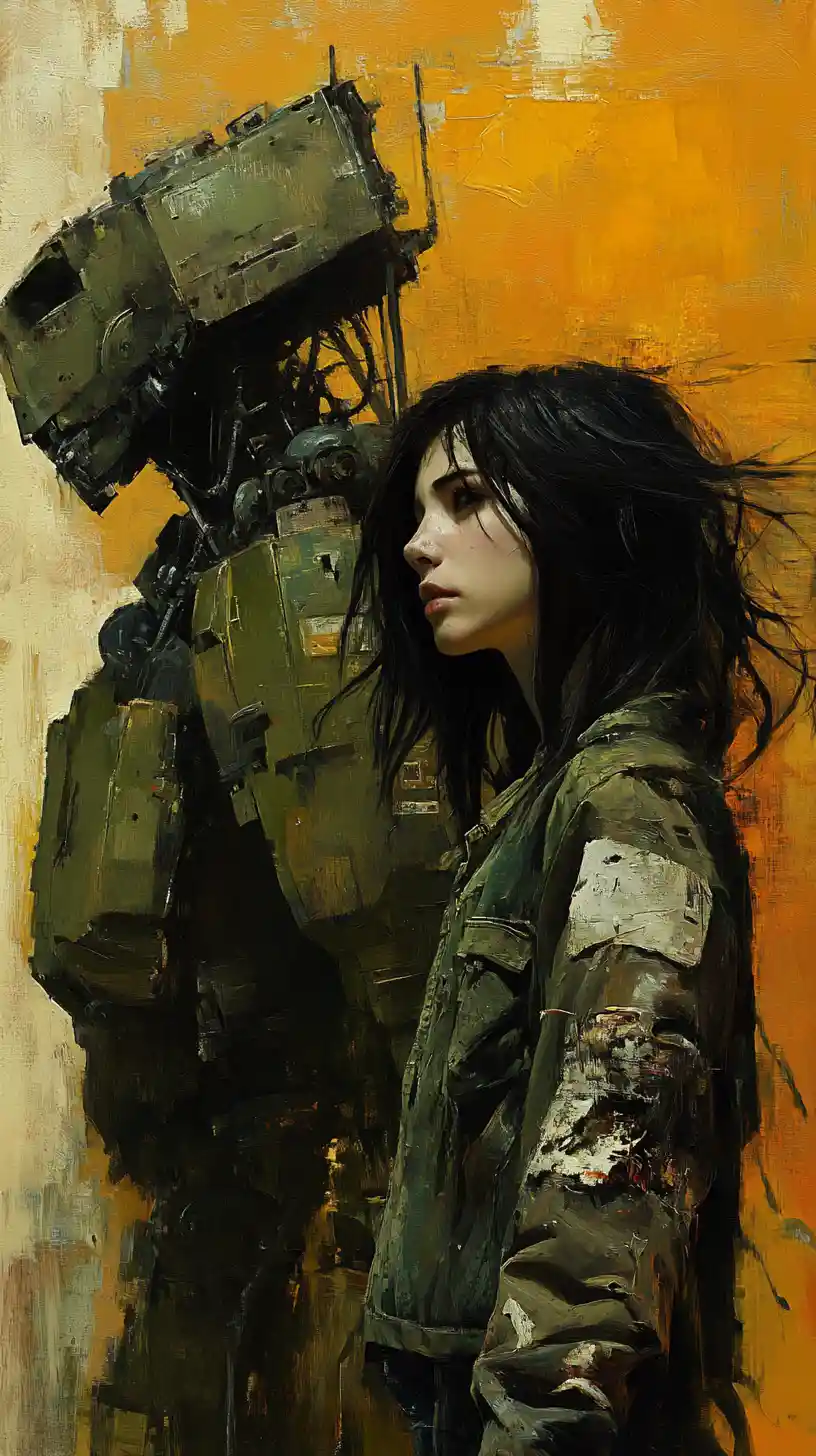 Young woman beside ruined mech in post apocalyptic wasteland