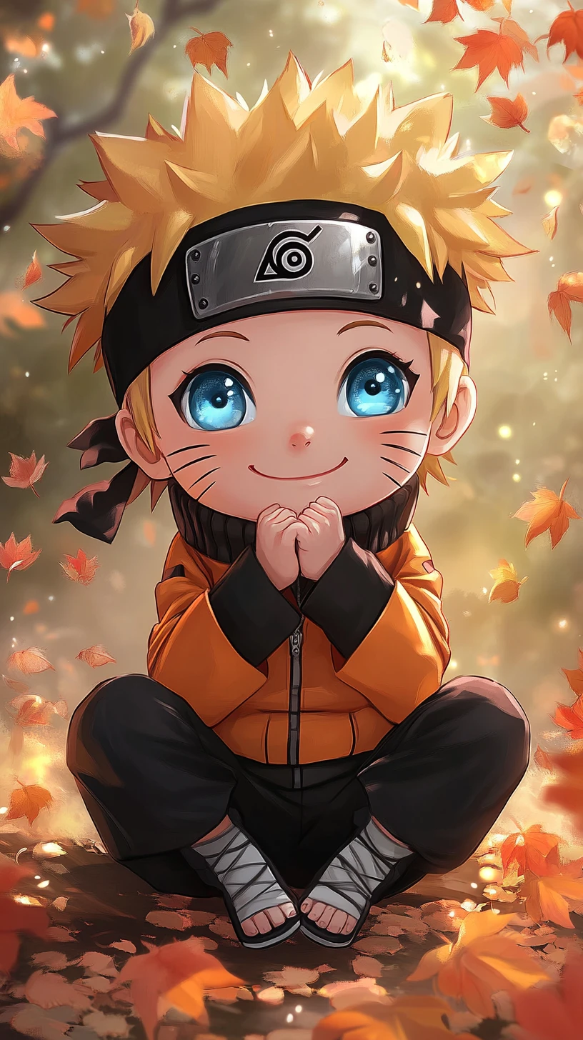 Tierno chico anime chibi sonriendo entre pétalos de flores flotando