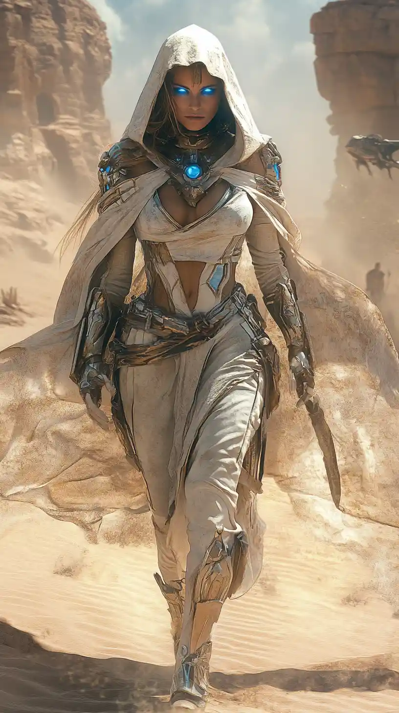Warrior woman striding through a post apocalyptic desert