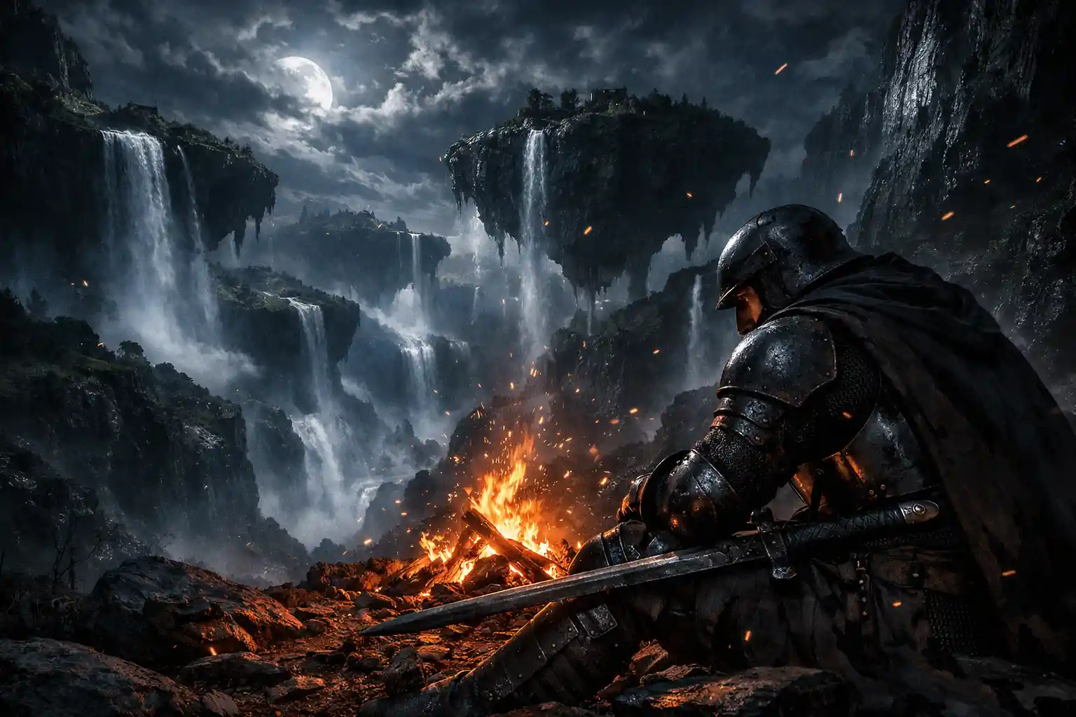 Weary knight by a campfire in a moonlit fantasy valley