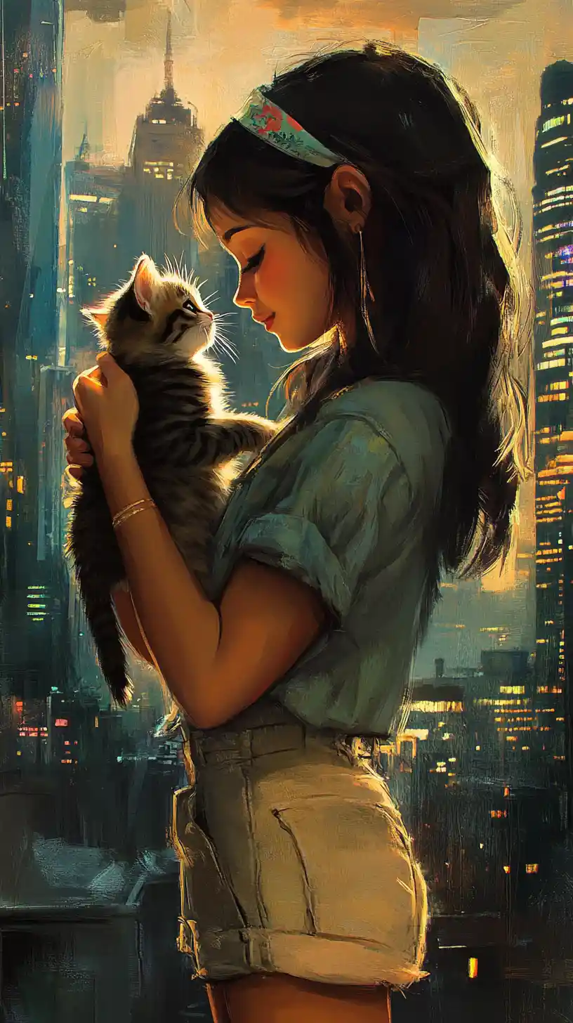 Garota segurando um gatinho diante de um horizonte urbano escuro