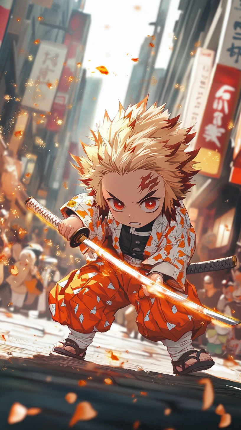 Chibi swordsman poised to strike on a city street