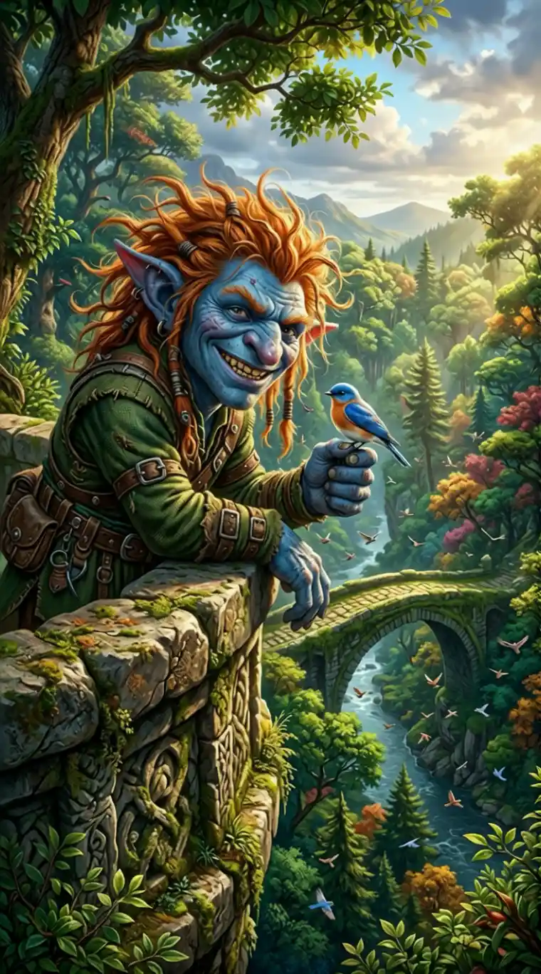Folletto blu che tiene un piccolo uccello in una foresta illuminata dal sole