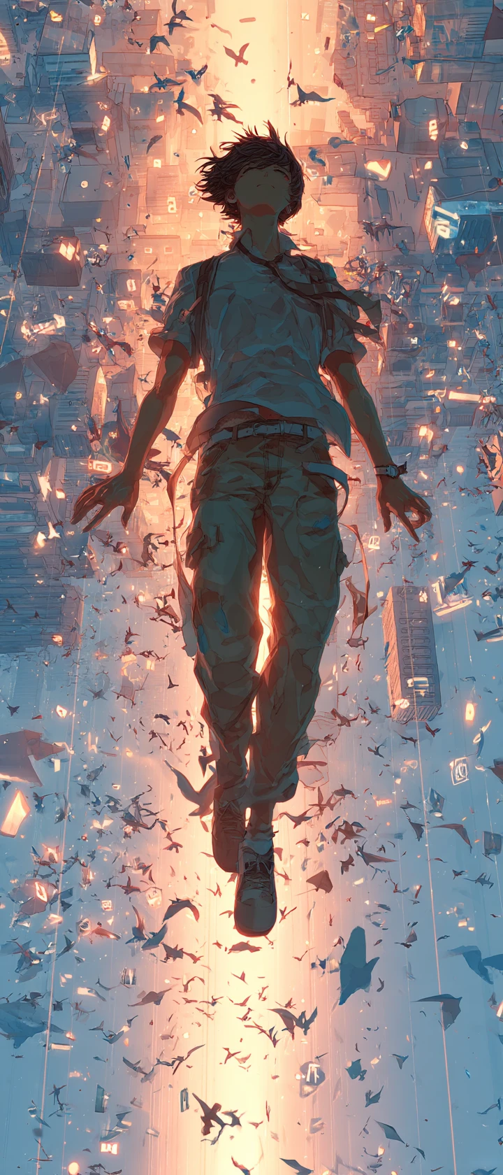Joven rompiendo una jaula urbana de cristal al estilo anime