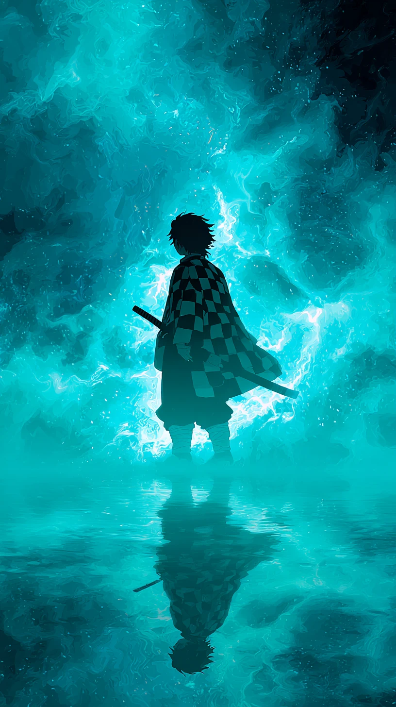 Anime swordsman in a glowing turquoise ethereal realm