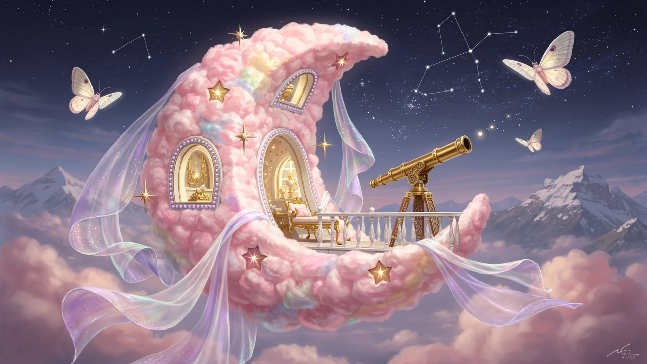 Crescent Moon Cotton Candy House Floating In Starry Sky