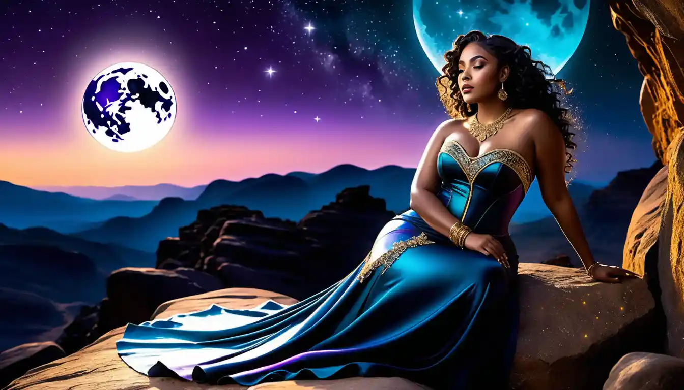 Majestic black woman on crescent moon in cosmic sky