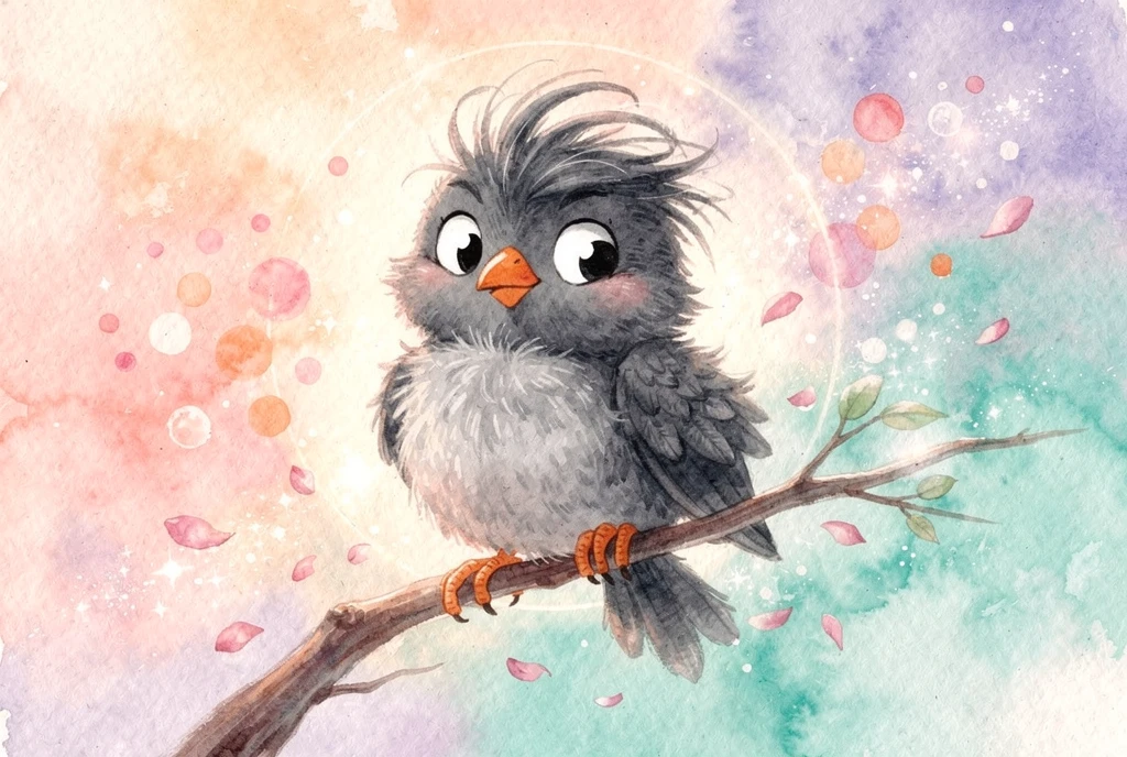 Cute Fluffy Cartoon Bird On Branch In Pastel Watercolor