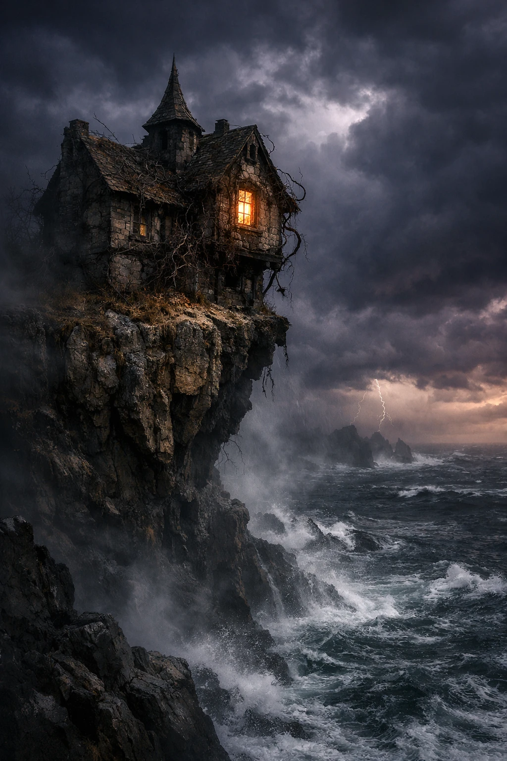 Lonely cliffside house above a raging stormy sea