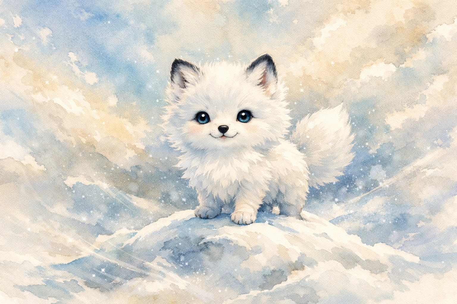雪の冬の丘に立つかわいい子どものホッキョクギツネの水彩画
