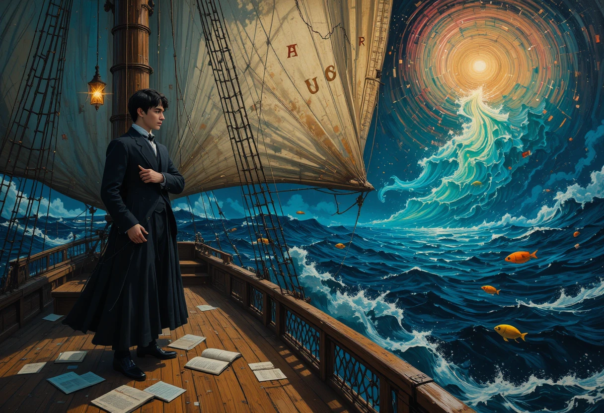Young poet on a windy nineteenth century sailing ship deck