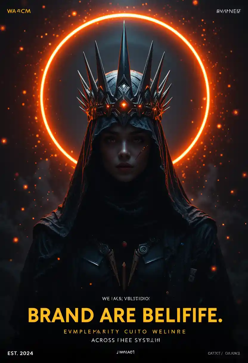 Futuristic sacred branding figure in glowing crown silhouette