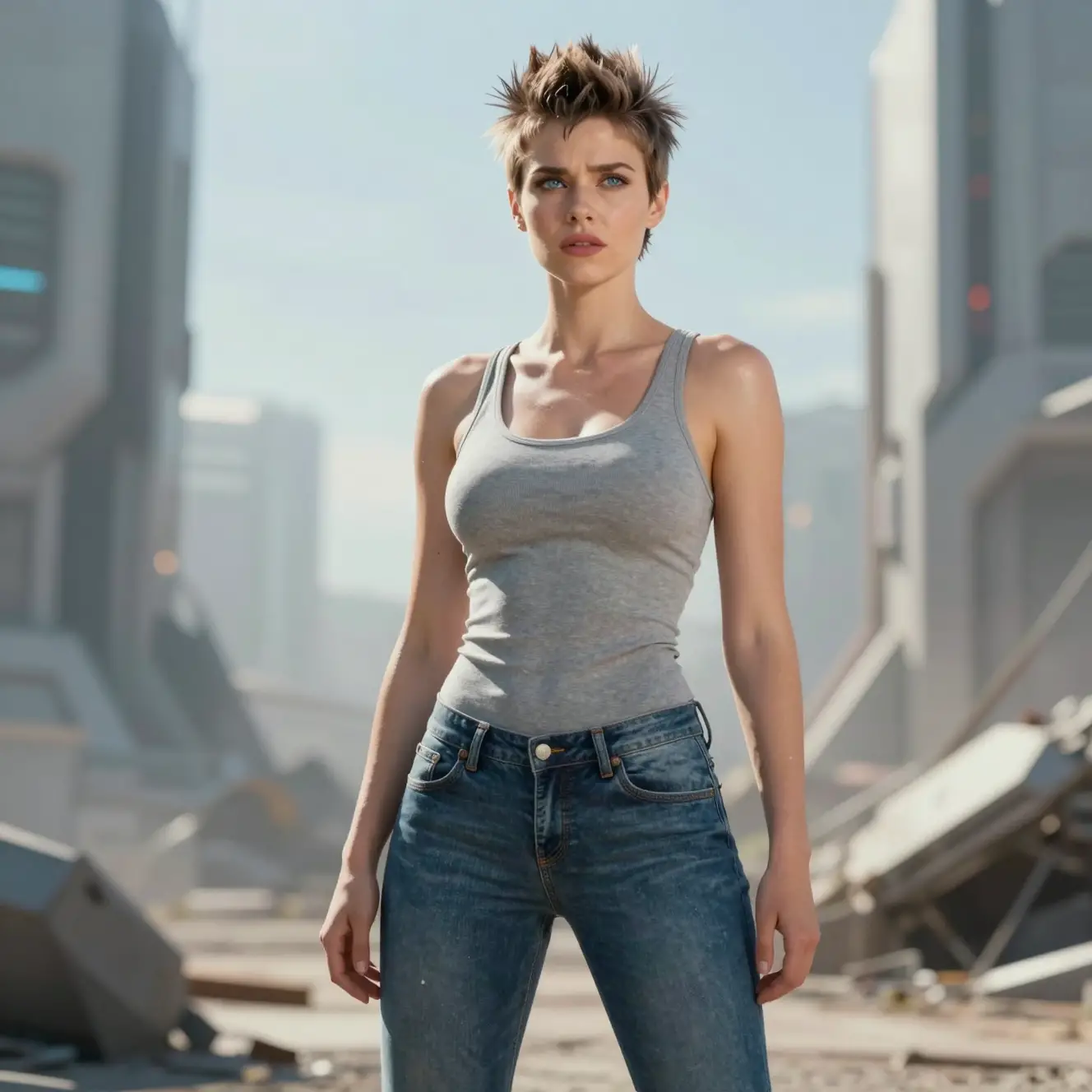 Tough woman in jeans standing over a futuristic battlefield