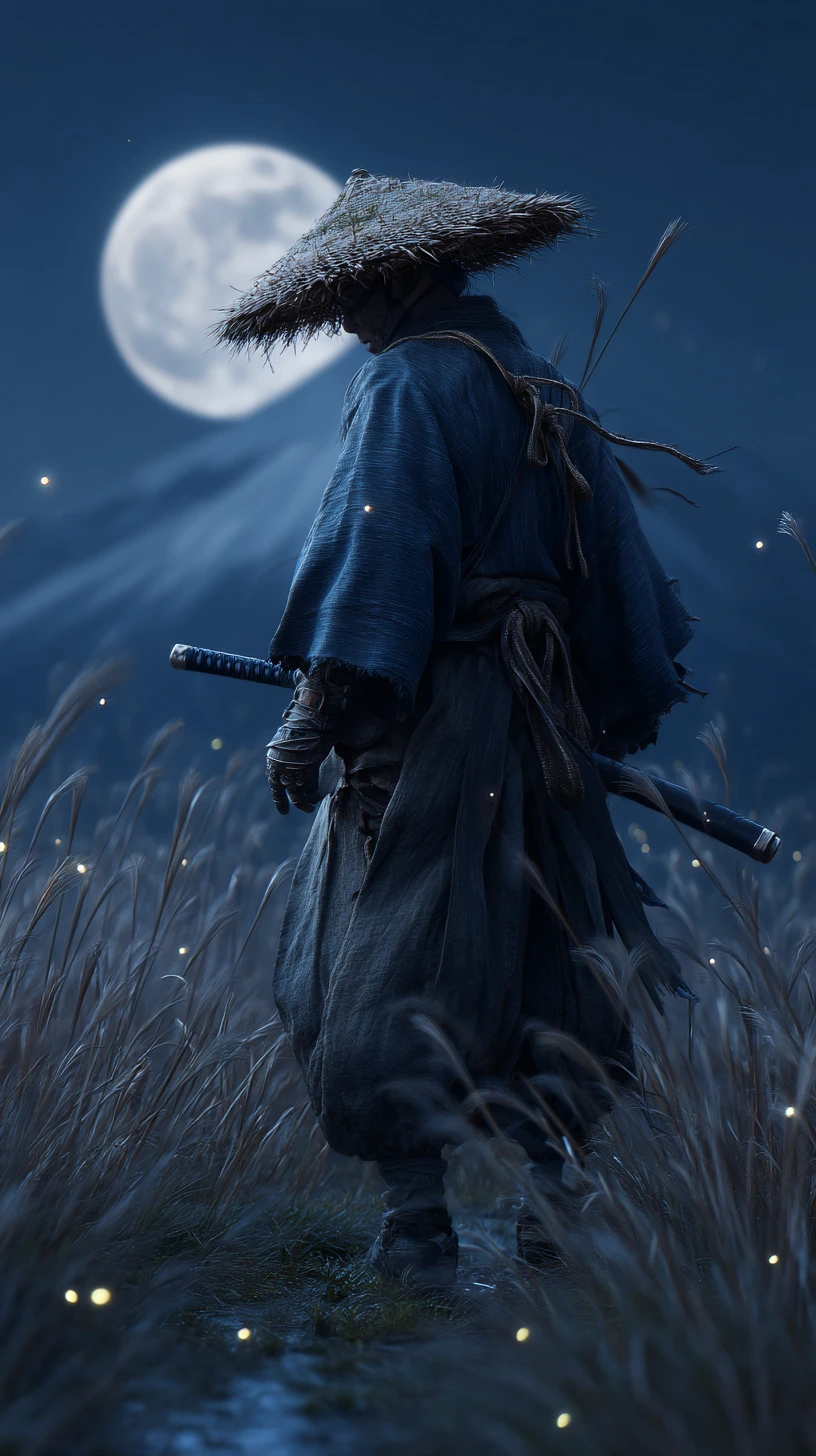 Lone ronin in moonlit grass before distant mountain peak