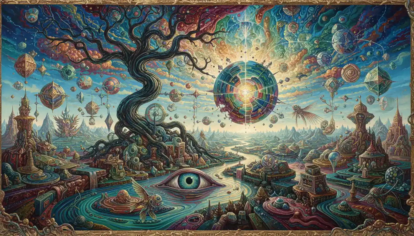Surreal dreamlike landscape with vibrant swirling abstract forms