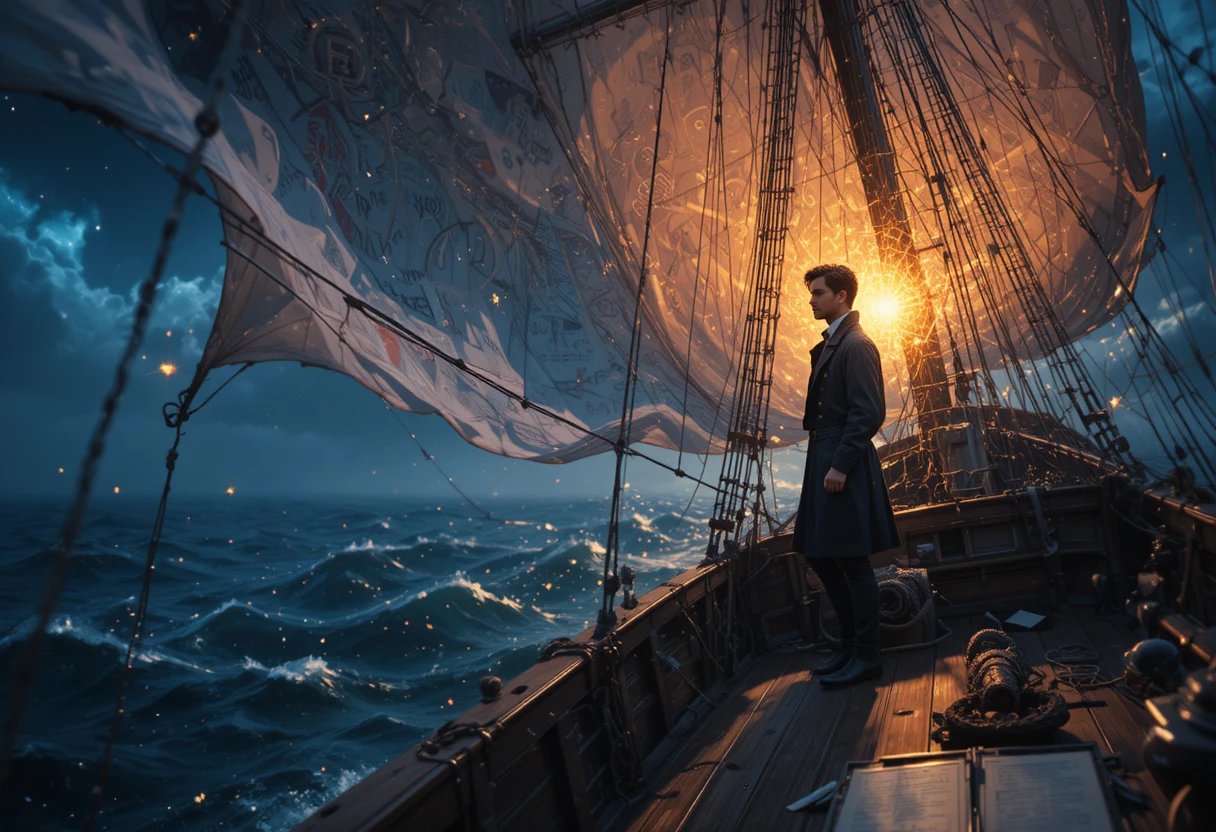 Young poet on a 19th century ship lost in thought