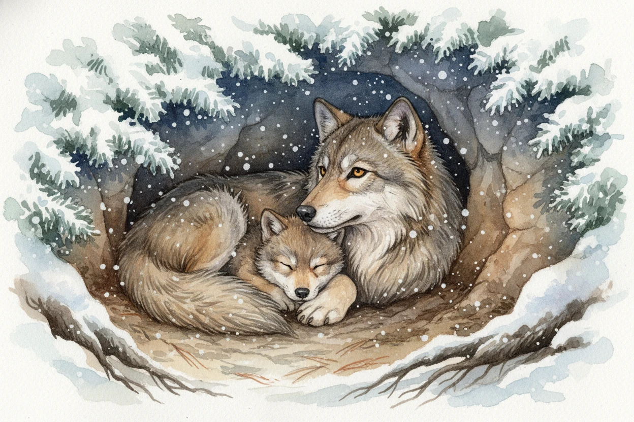 Wolf mother sheltering her pup in a twilight forest den