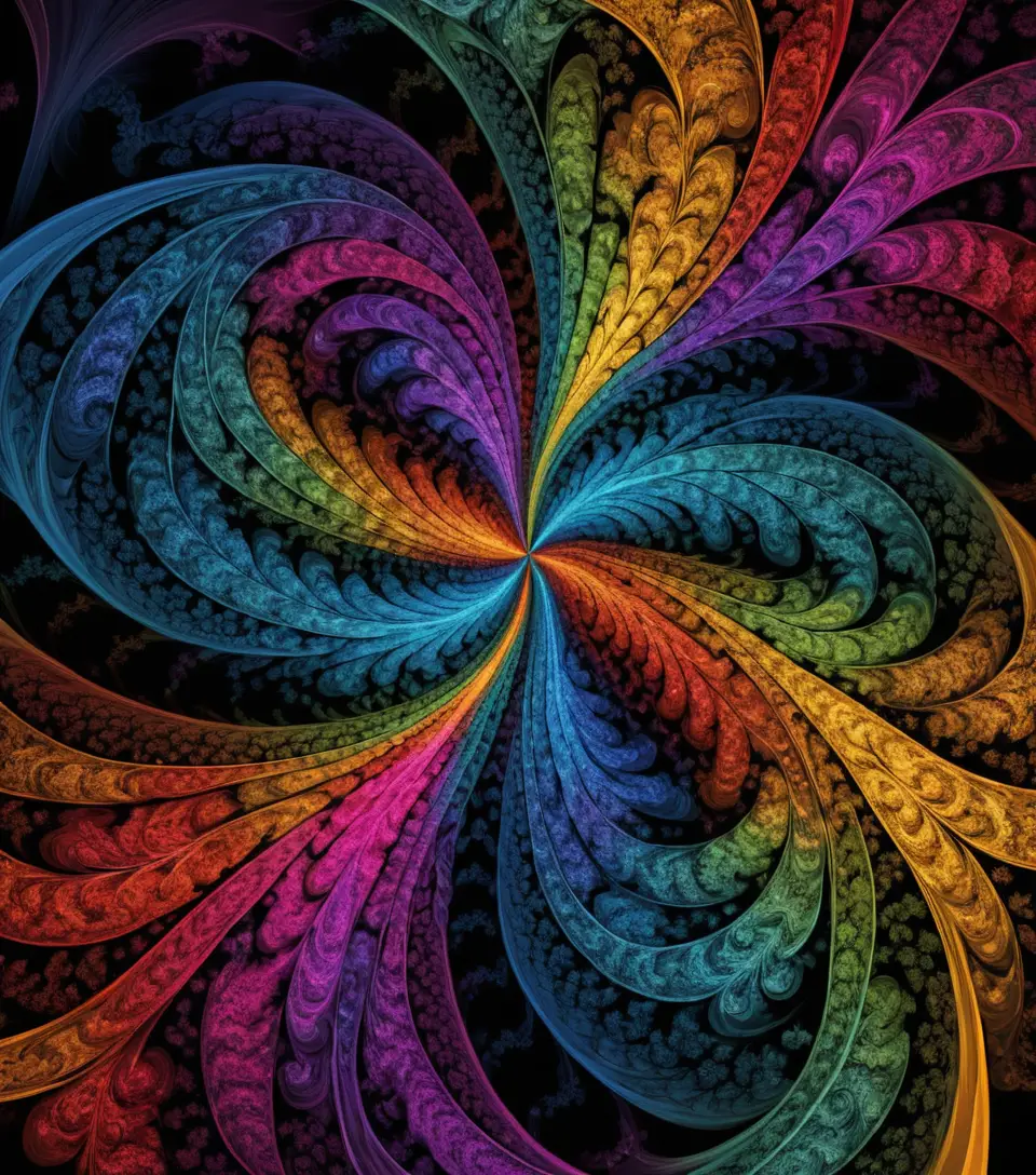 Fractal rainbow shapes radiating from a glowing central point