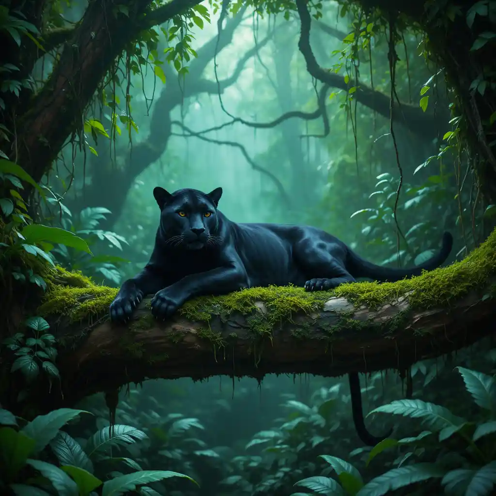 Black panther resting on a mossy tree branch in jungle