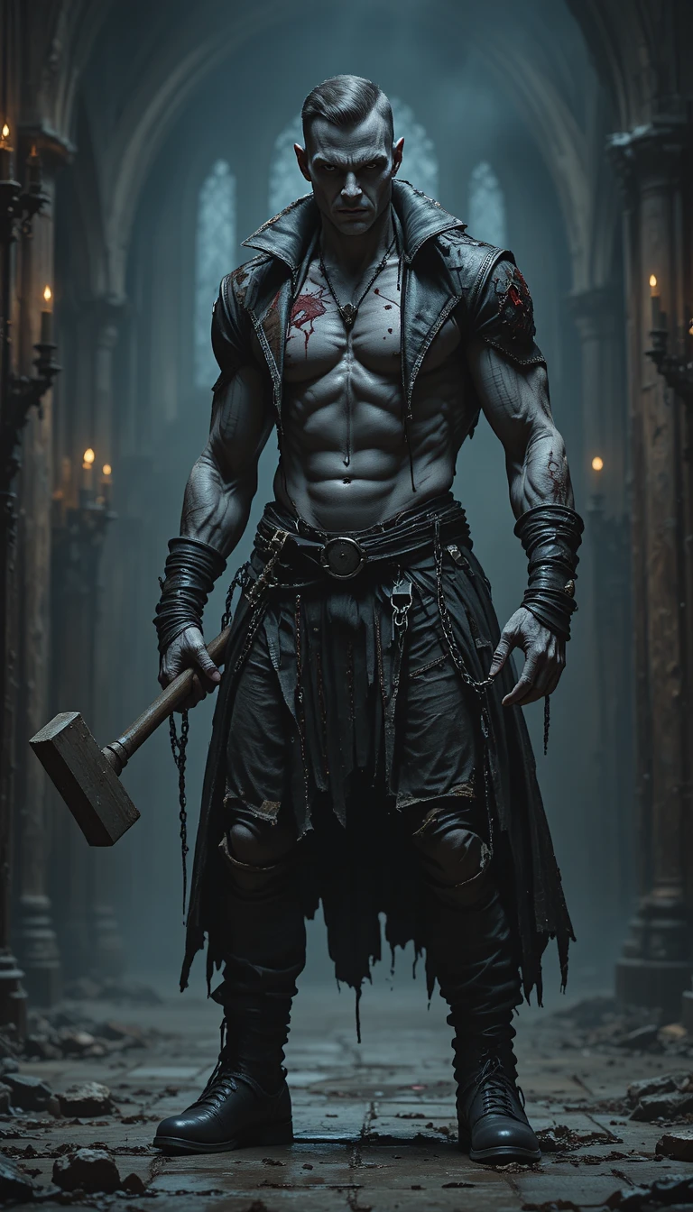 Menacing monster with sledgehammer in gothic candlelit cathedral