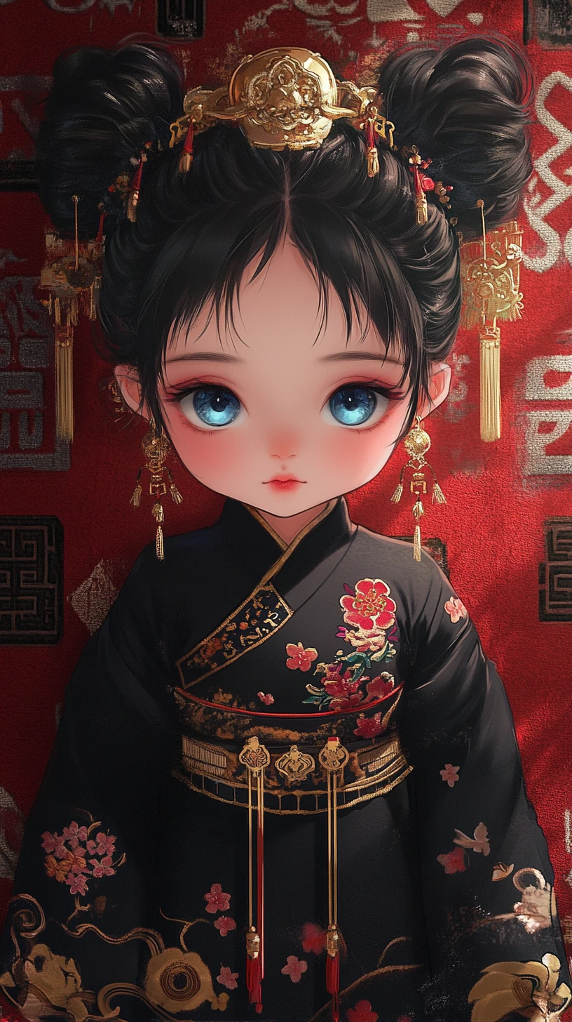 Ragazzina asiatica chibi con top nero ricamato su tappeto rosso