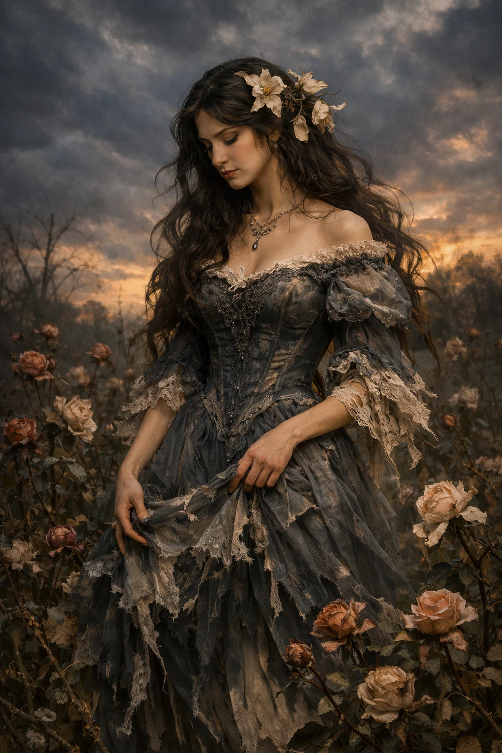 Melancholic noblewoman in tattered gown among thorny roses