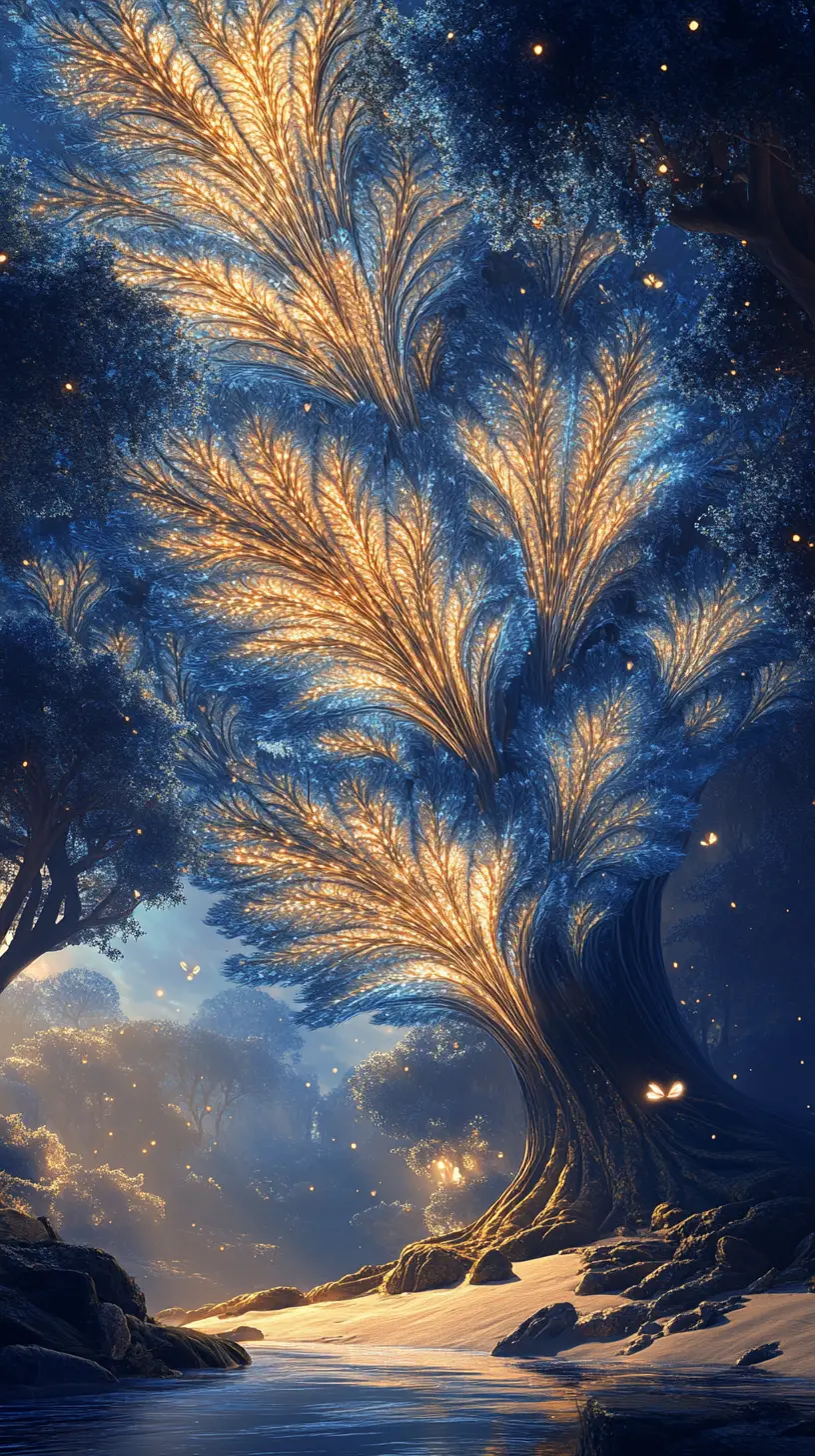 Glowing Fantasy Trees Above A Misty Blue Canyon Stream