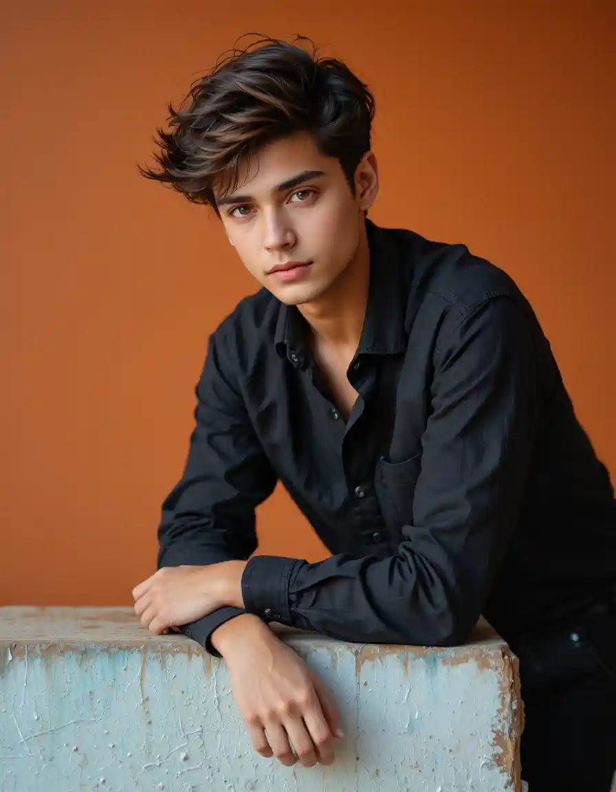 Teenage boy in black outfit against rust orange background