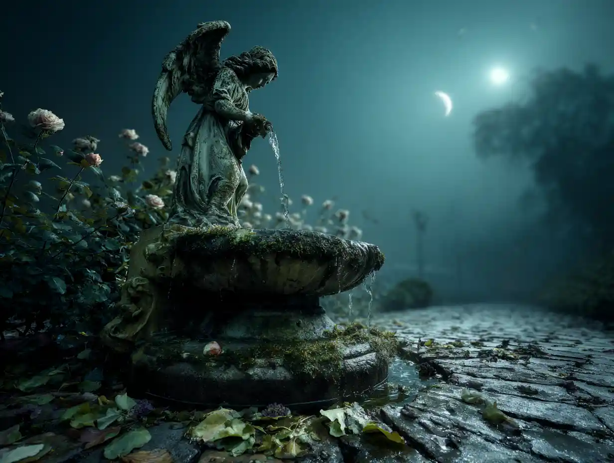 Moonlit angel fountain in a forgotten rose garden