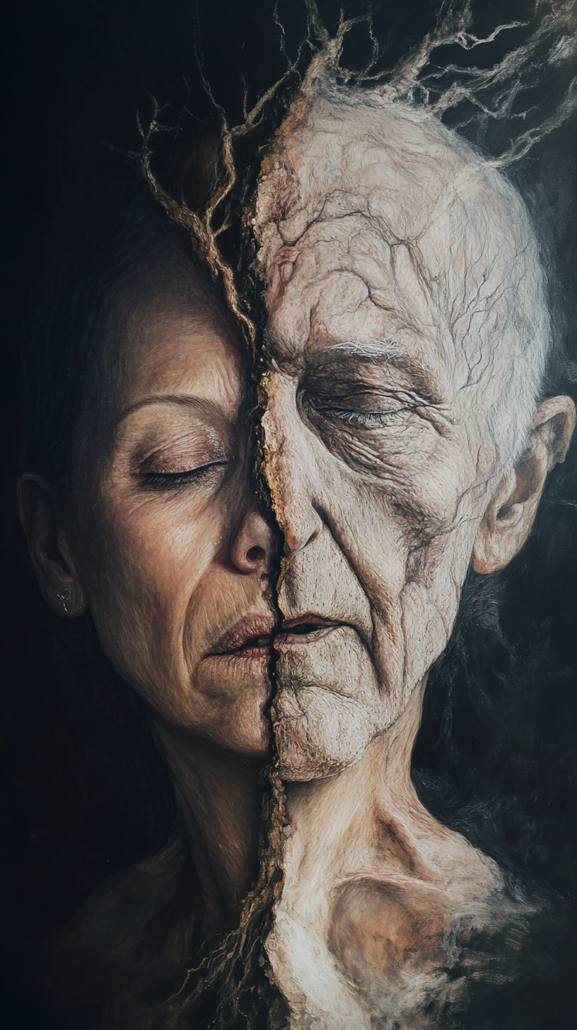 Surreales geteiltes Porträt von Jugend und Alter in einem Gesicht