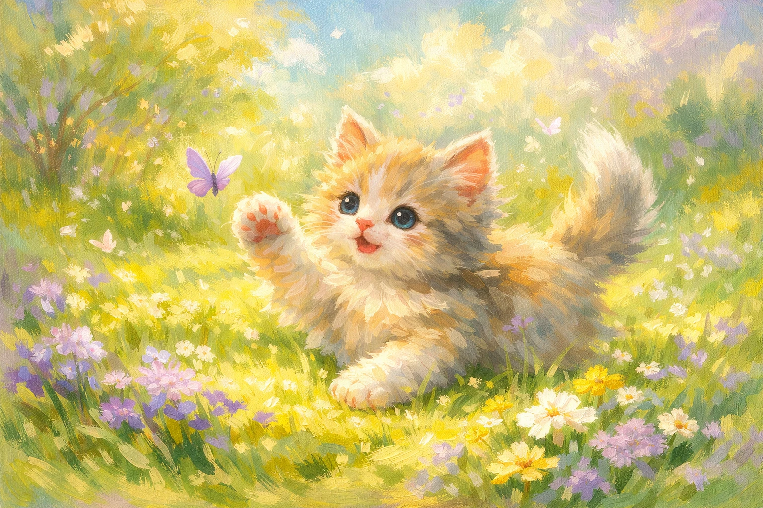 Fluffy kitten playing in a sunny meadow acrylic painting