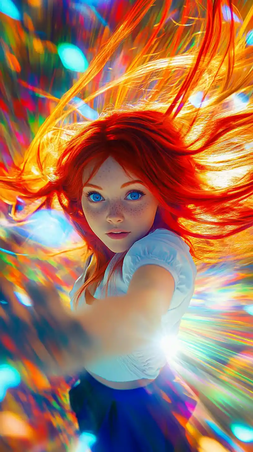 Joyful red haired anime teacher dancing in colorful scene