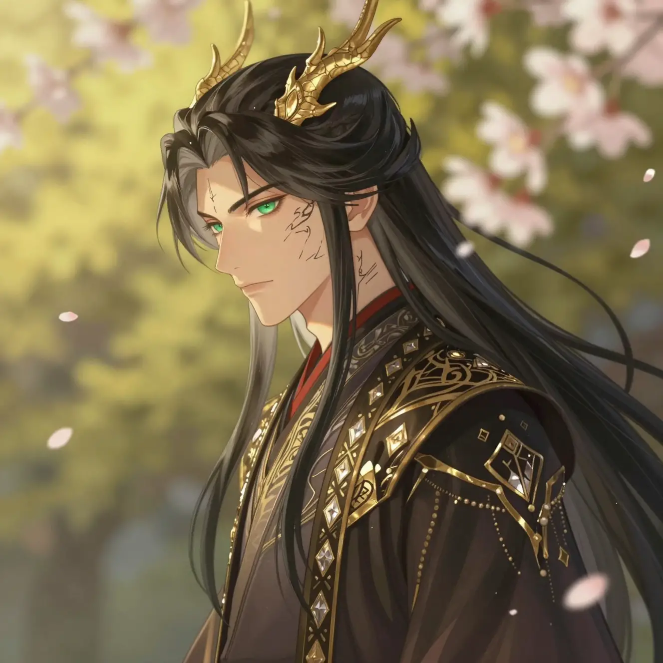 Elegant anime man with dragon horns in soft blossom glow