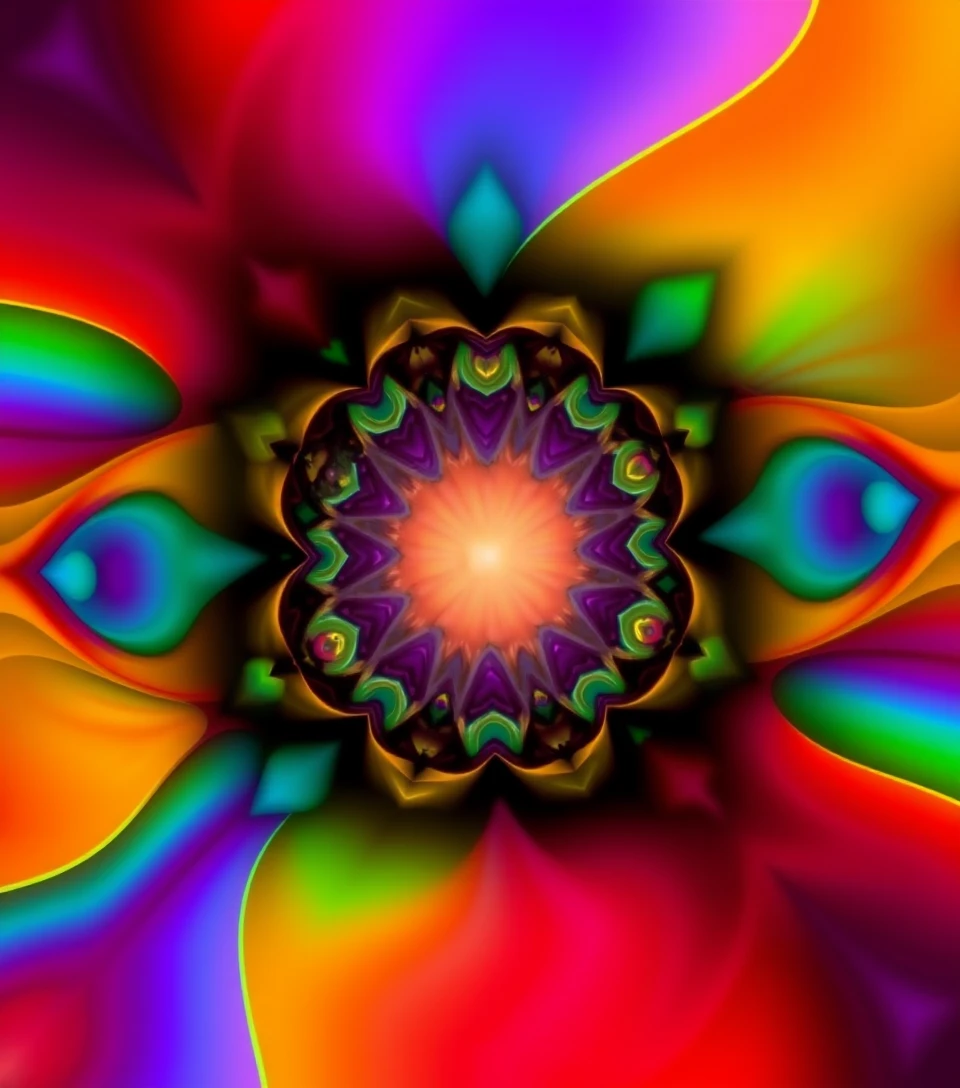Fractal rainbow shapes radiating from a glowing central point