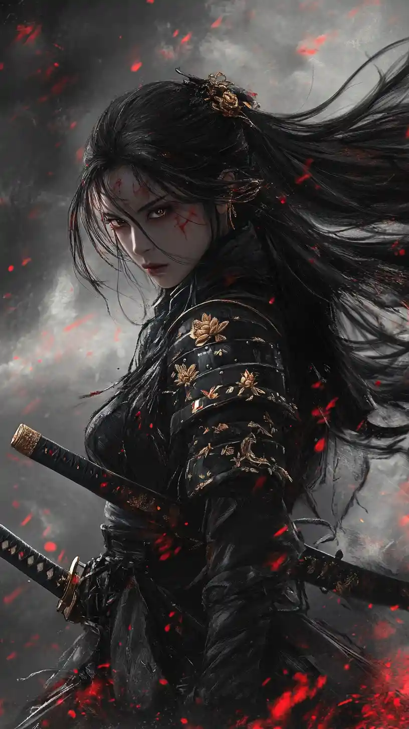 Dunkle Samurai-Kriegerin mit wehendem Haar und zwei Katanas