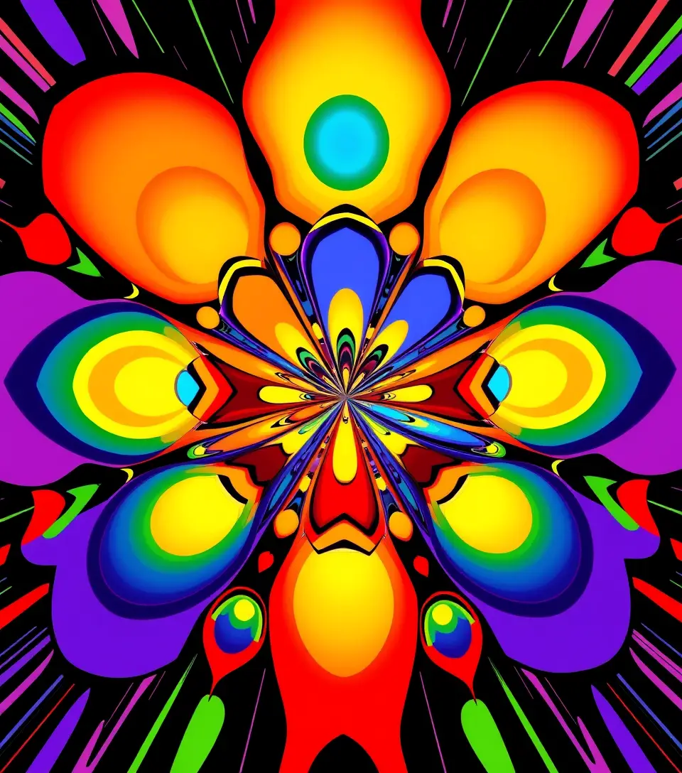 Fractal rainbow shapes radiating outward into infinite space