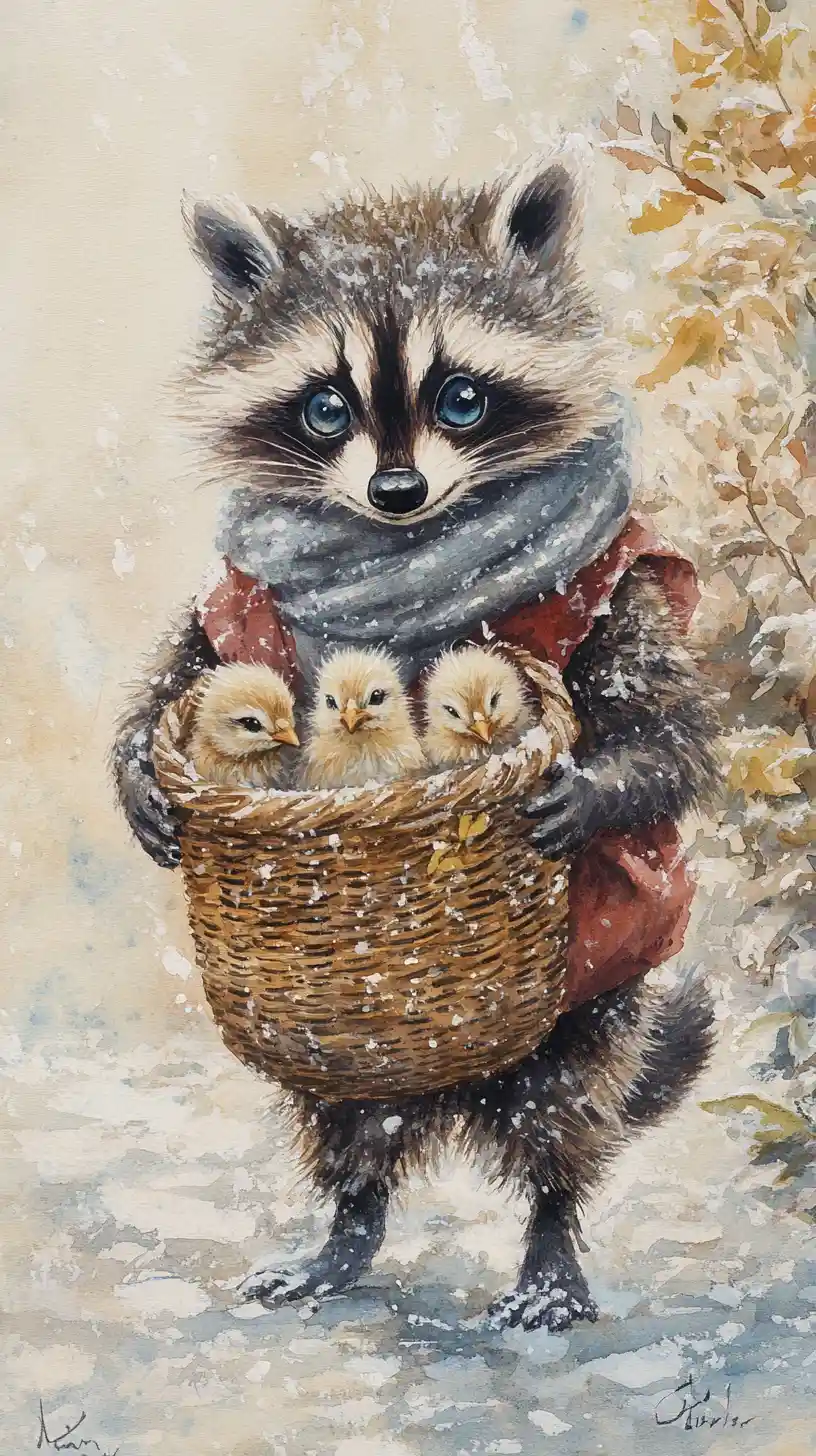 Aquarell-Waschbär mit Küken im Korb auf schneebedecktem Kopfsteinpflaster