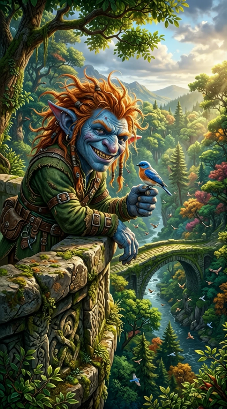 Blue goblin holding a tiny bird in a sunlit forest