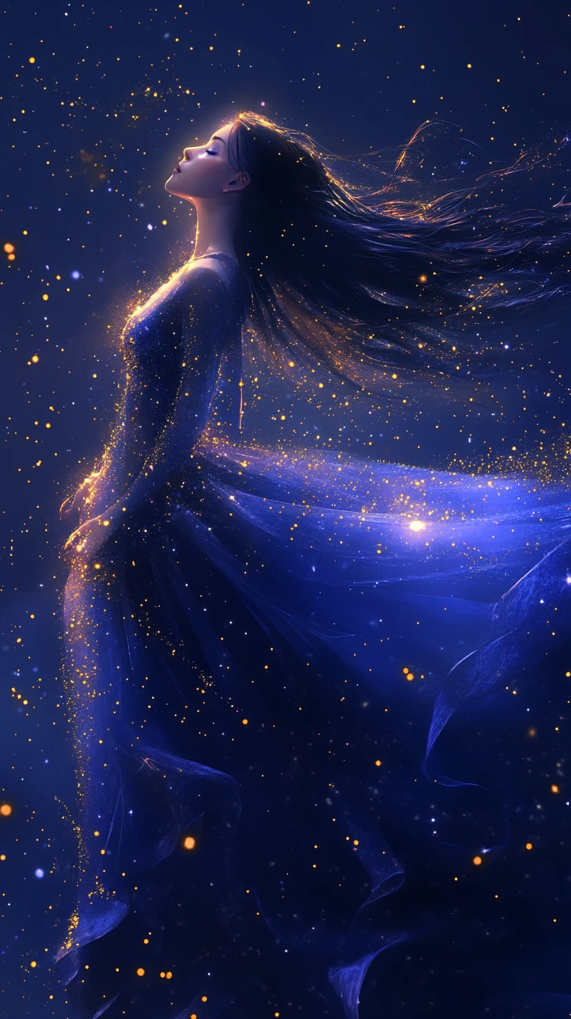 Donna eterea di stelle che si inarca nell’oscurità cosmica