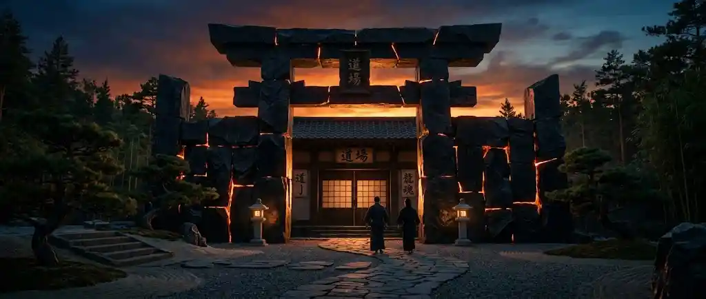 Wide cinematic view of a glowing obsidian dojo entrance
