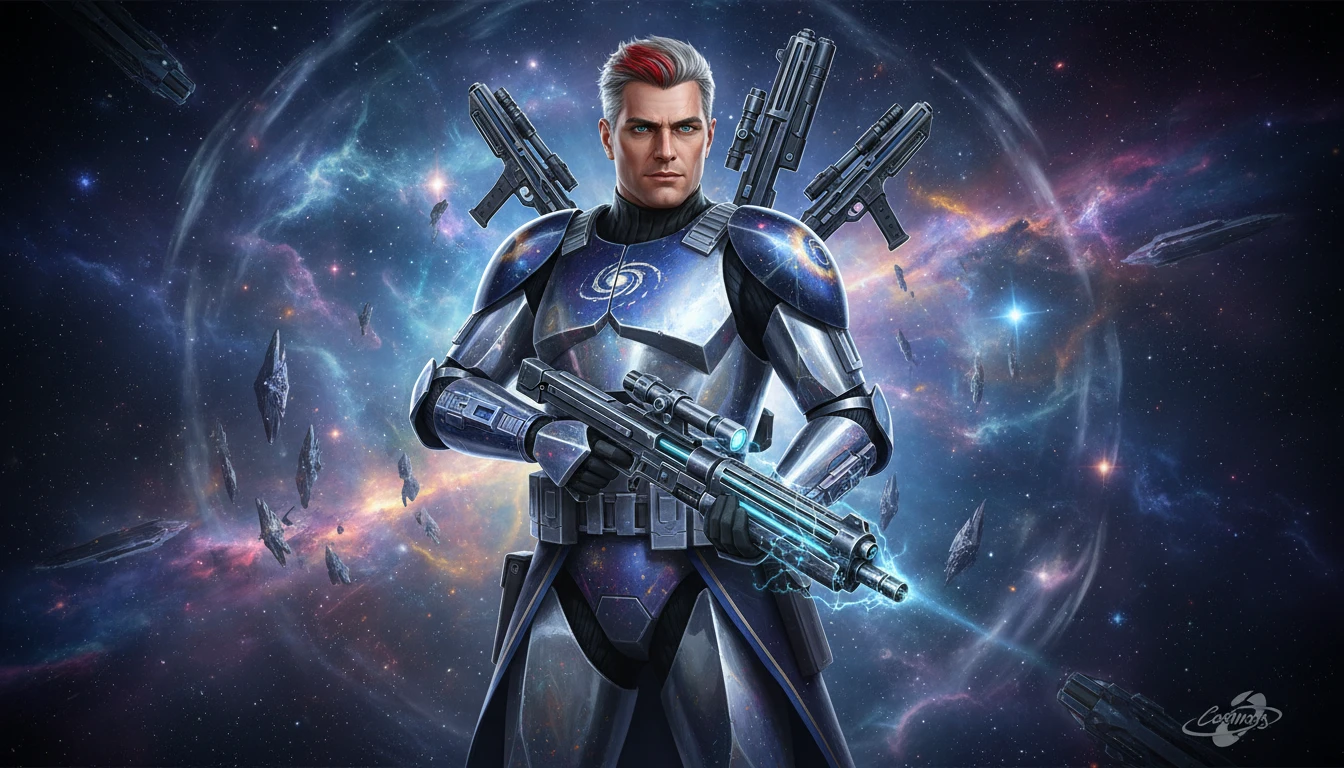 Heroic man in cosmic trooper armor with blue teal eyes