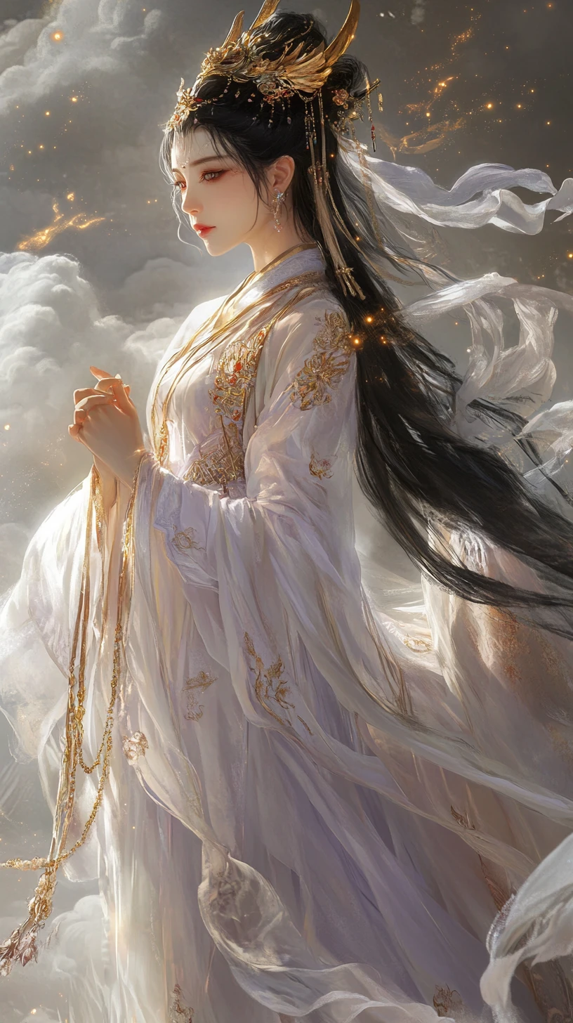 Déesse céleste en hanfu fluide au-dessus de nuages lumineux