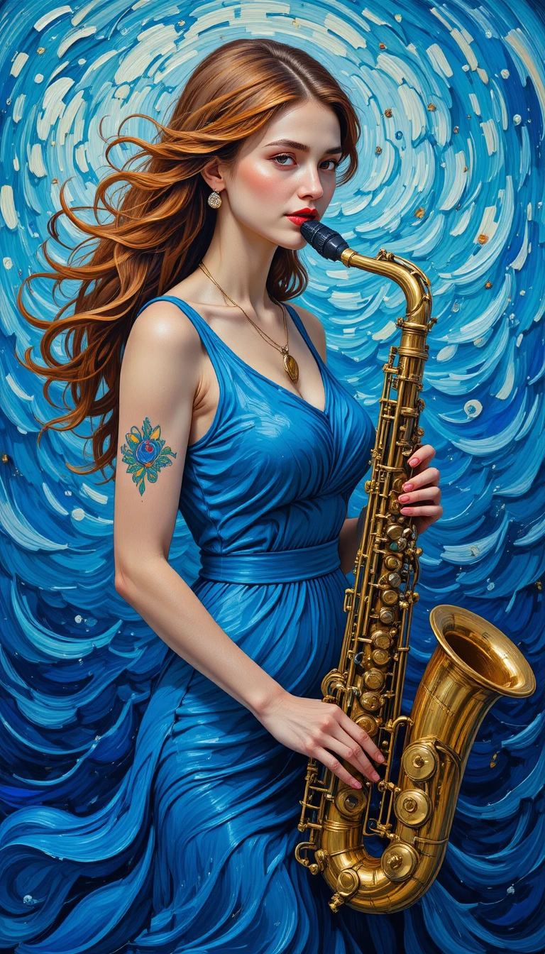 Young woman in blue dress playing saxophone painting